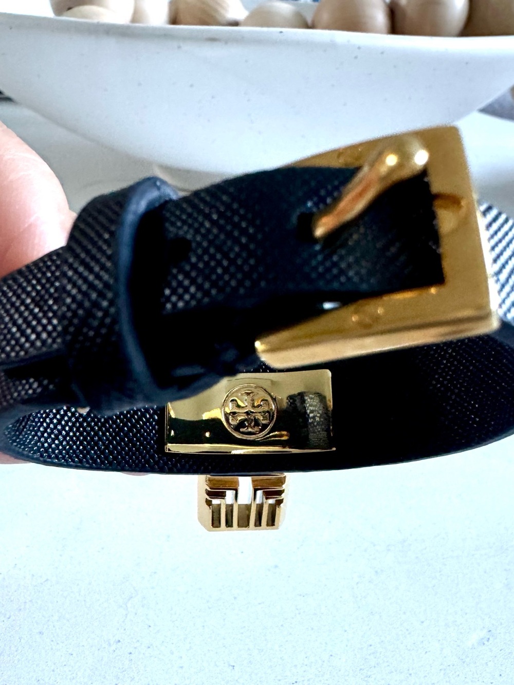 Authentic Tory Burch Black Textured Leather & Gold Logo Lock Bracelet - Picture 10 of 13